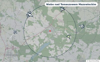 Mapa okolic miasta z sylwetkami samolotów — Niebo nad Tomaszowem Mazowieckim na żywo