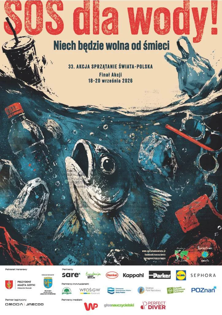 Grafika promocyjna wydarzenia 33. Akcja Sprzątanie świata – „SOS dla wody! Niech będzie wolna od śmieci”