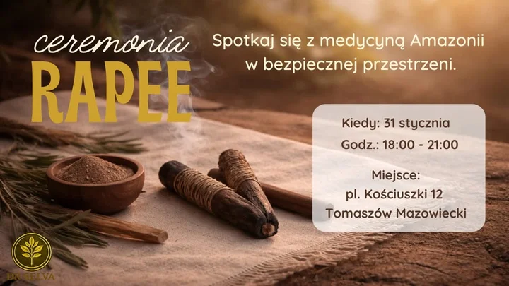 Grafika promocyjna wydarzenia Ceremonia Rapé — spotkanie z medycyną Amazonii w Tomaszowie Mazowieckim