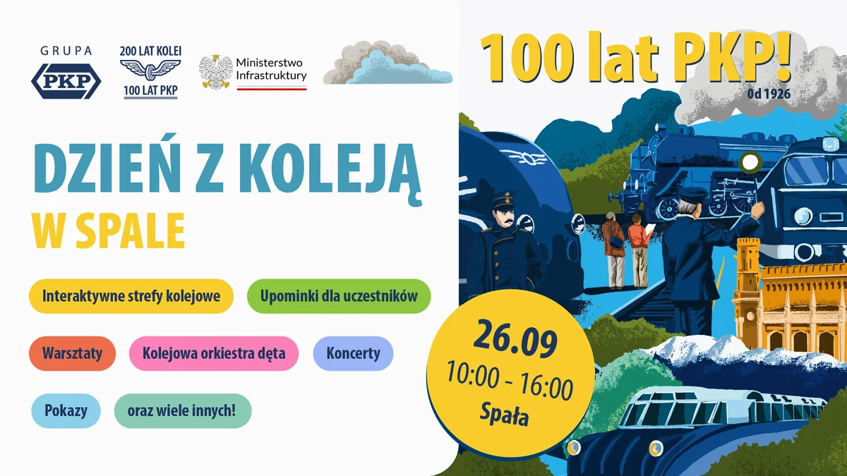 Grafika promocyjna wydarzenia Dzień z Koleją w Spale – wspólne świętowanie 100-lecia PKP