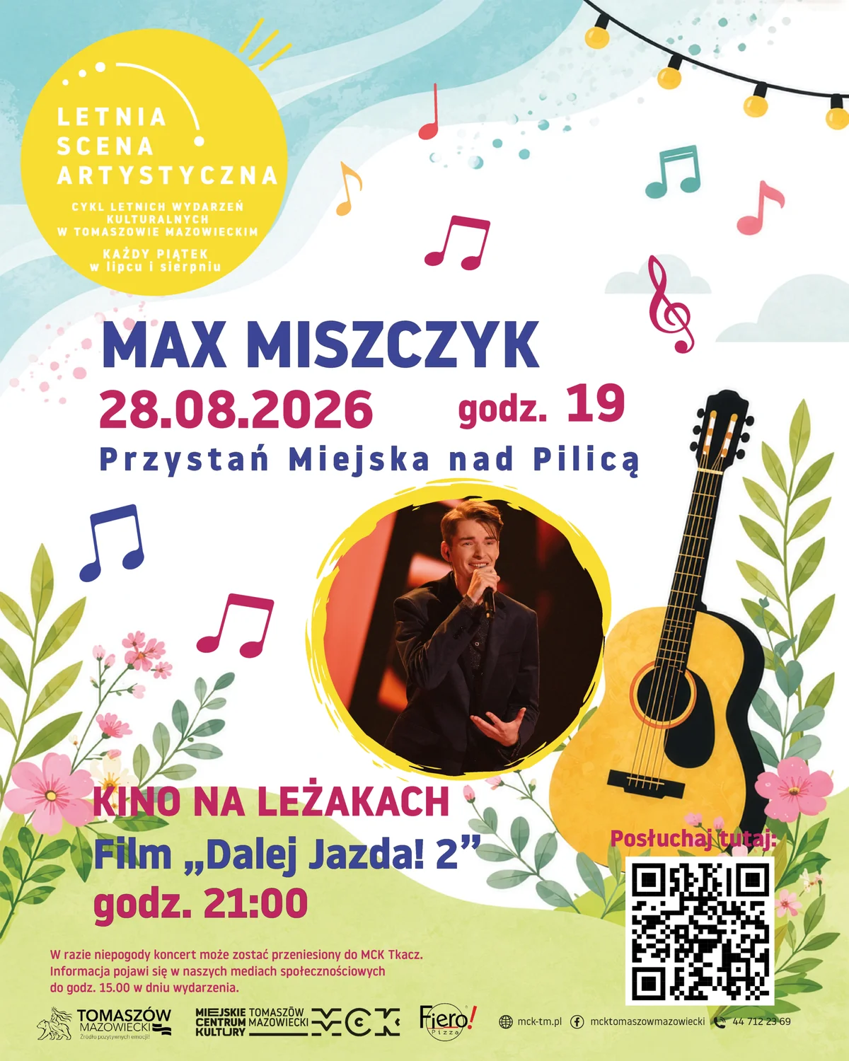 Grafika promocyjna wydarzenia Letnia Scena Artystyczna – Max Miszczyk i Kino na Leżakach