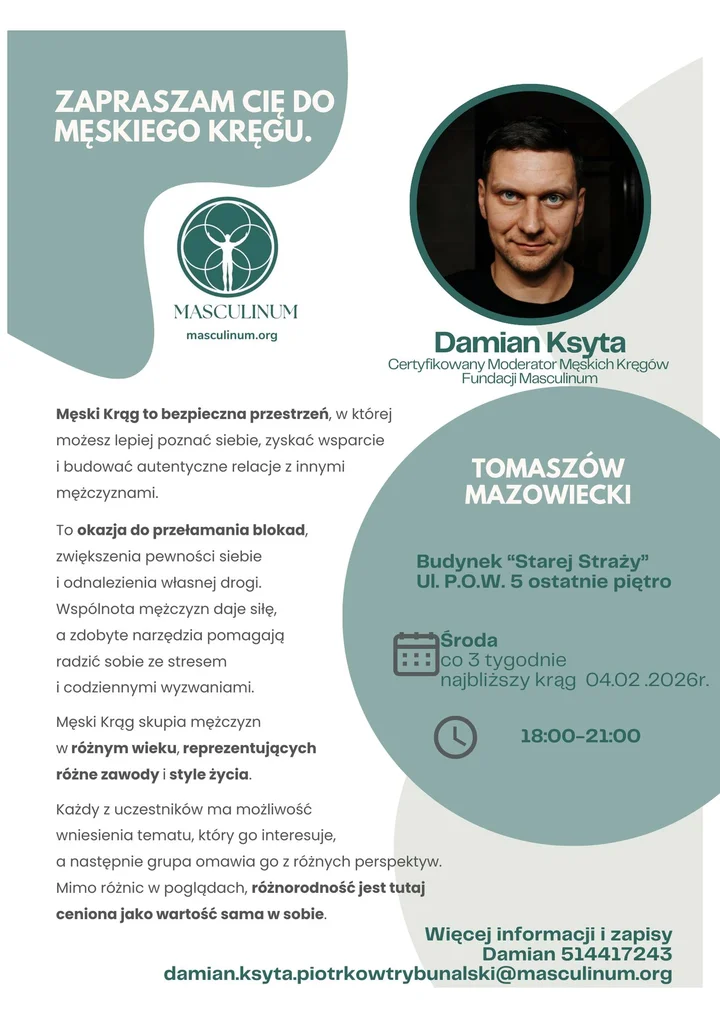 Grafika promocyjna wydarzenia Męski Krąg Tomaszów Mazowiecki — spotkanie mężczyzn o ważnych rozmowach