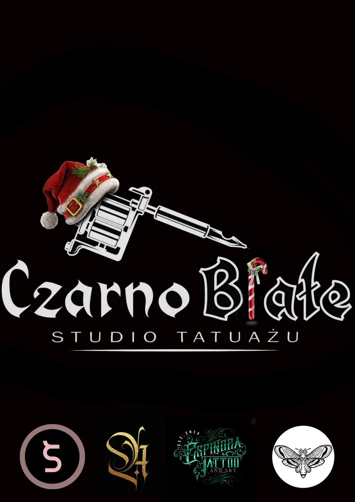 Grafika promocyjna wydarzenia Mikołajki w Czarno Białe dla Słoneczka — tatuaże charytatywne w Tomaszowie Maz.