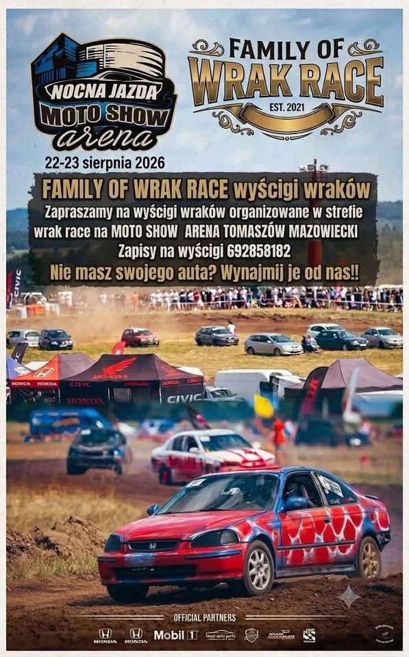 Grafika promocyjna wydarzenia Moto Show Tomaszów Mazowiecki: wyścigi wraków