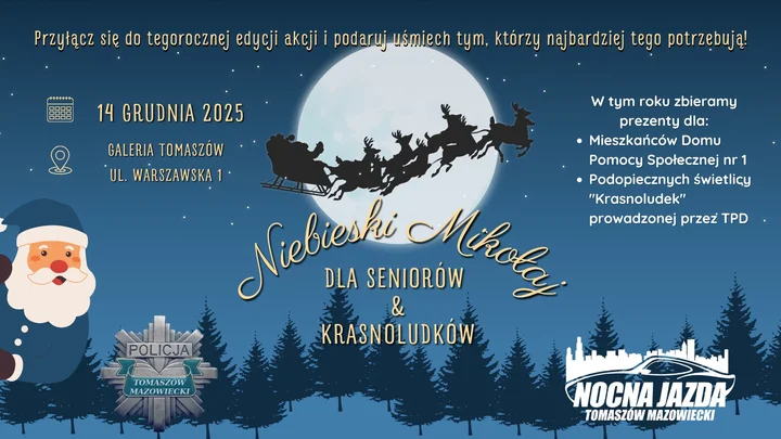 Grafika promocyjna wydarzenia Niebieski Mikołaj dla Seniorów i Krasnoludków 2025 — świąteczna zbiórka w Tomaszowie
