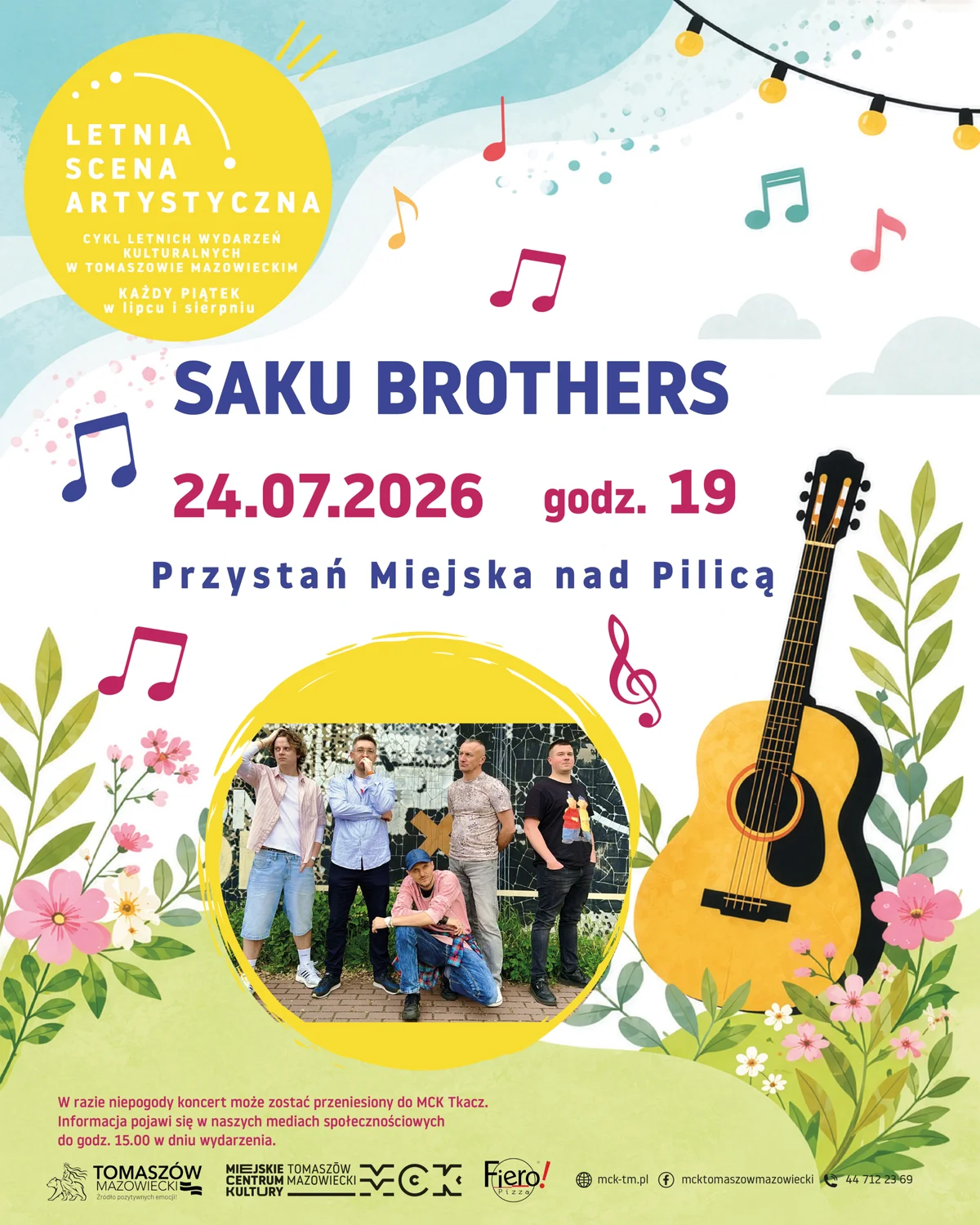 Grafika promocyjna wydarzenia Muzyczna podróż do lat 80. nad Pilicą. Zagra SAKU BROTHERS
