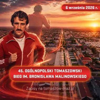 Grafika promocyjna wydarzenia 45. Ogólnopolski Tomaszowski Bieg im. Bronisława Malinowskiego