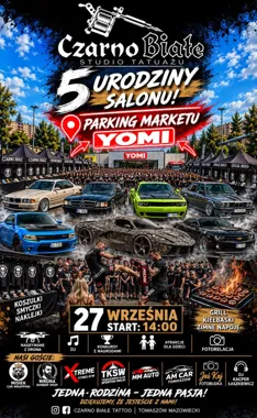 Grafika promocyjna wydarzenia 5 urodziny Czarno Białe Tattoo w Tomaszowie