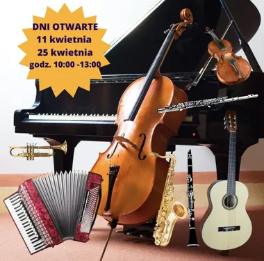 Grafika promocyjna wydarzenia Dni Otwarte w Państwowej Szkole Muzycznej w Tomaszowie Mazowieckim — muzyka, instrumenty i spotkanie z nauczycielami