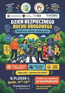 Grafika promocyjna wydarzenia Dzień Bezpiecznego Ruchu Drogowego – rodzinny piknik edukacyjny