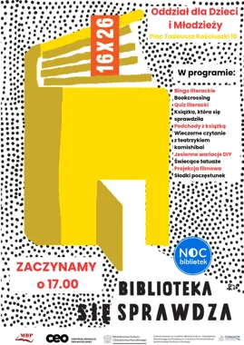 Grafika promocyjna wydarzenia Noc Bibliotek 2026 – Biblioteka (się) sprawdza
