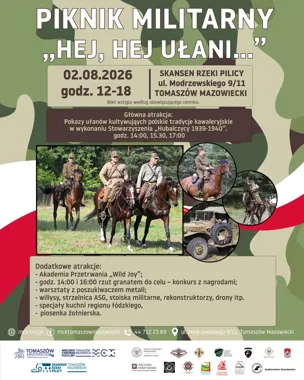 Grafika promocyjna wydarzenia Ułańskie pokazy, pojazdy wojskowe i militarne atrakcje w Tomaszowie Mazowieckim