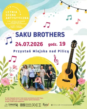 Grafika promocyjna wydarzenia Muzyczna podróż do lat 80. nad Pilicą. Zagra SAKU BROTHERS