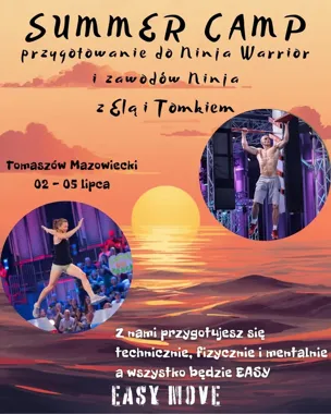 Grafika promocyjna wydarzenia SUMMER NINJA CAMP EASY MOVE w Tomaszowie Mazowieckim – obóz ninja, OCR i przygotowanie do startów