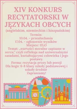 Grafika promocyjna wydarzenia XIV Powiatowy Konkurs Recytatorski w Językach Obcych w Tomaszowie Mazowieckim