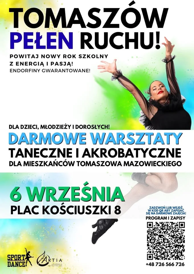 Obrazek przedstawia grafikę promocyjną wydarzenia Dzień darmowych warsztatów tanecznych i akrobatycznych w Tomaszowie Mazowieckim