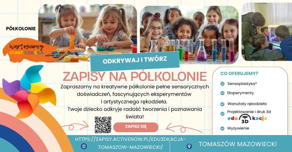 Grafika promocyjna wydarzenia Wartościowe półkolonie w Tomaszowie Mazowieckim – kreatywne wakacje dla dzieci
