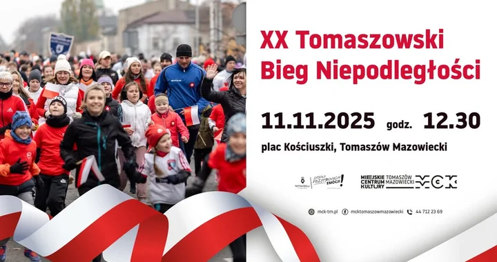 Grafika promocyjna wydarzenia XX Tomaszowski Bieg Niepodległości — rekreacyjny bieg 11 listopada w Tomaszowie Mazowieckim