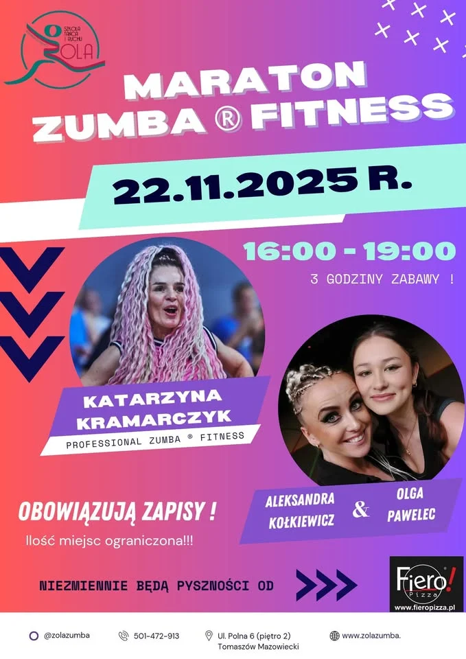 Obrazek przedstawia grafikę promocyjną wydarzenia Trzygodzinny maraton Zumba® Master Class w Tomaszowie Mazowieckim